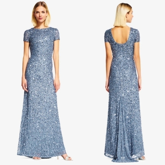 Adriana Papell Short Sleeve Scoop Back Sequin Mesh Nile Evening Gown NWT Size 10 - Picture 1 of 17